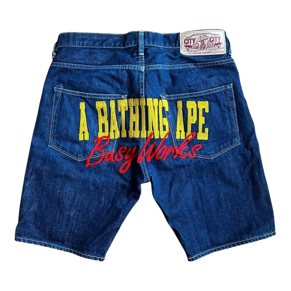 M 32 Waist Bape Jean Shorts Busy Works Embroidered
